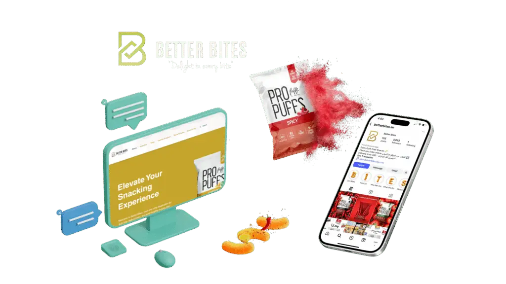 Visual collage showcasing Better Bites UAE's website, Instagram page, and Pro Puffs snack product as part of a marketing 360 strategy for F&B brands.