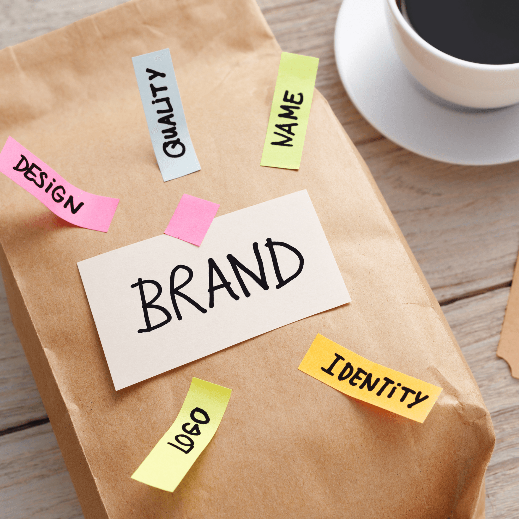 Sticky notes showing logo, name, design, and identity for branding and identity design services