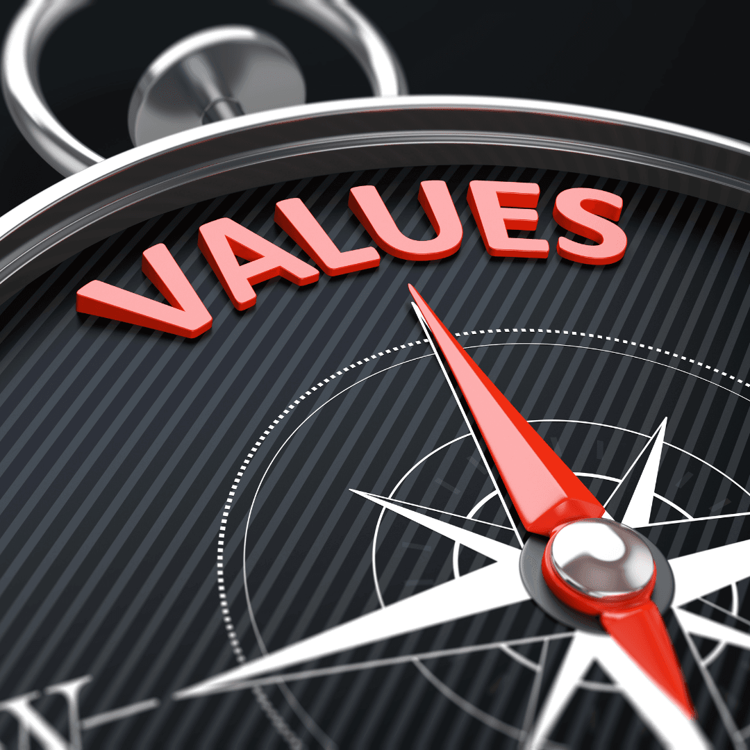 MAZ agency core values visual with compass and red directional needle