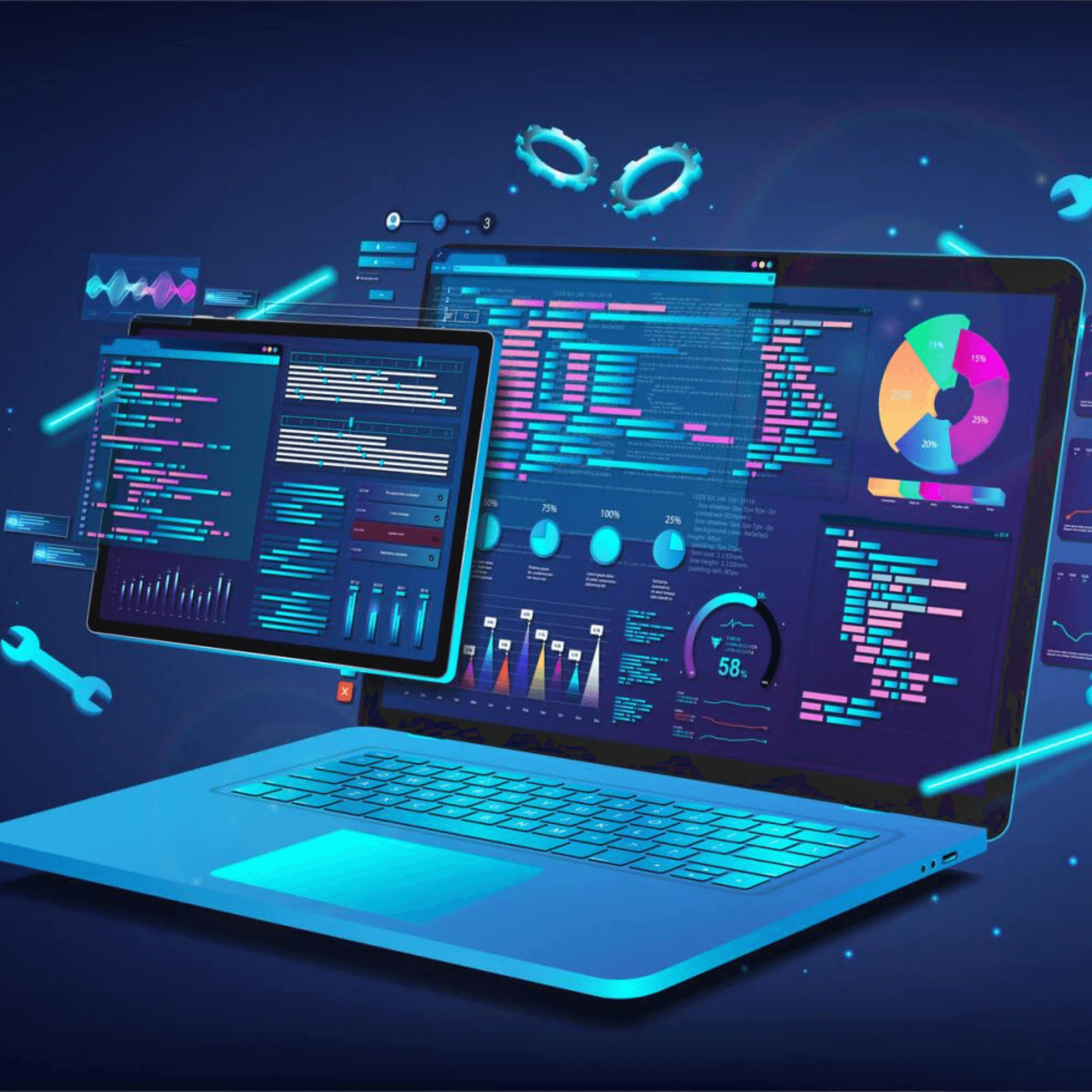 Laptop and tablet displaying website performance metrics and optimization tools for enhanced user experience